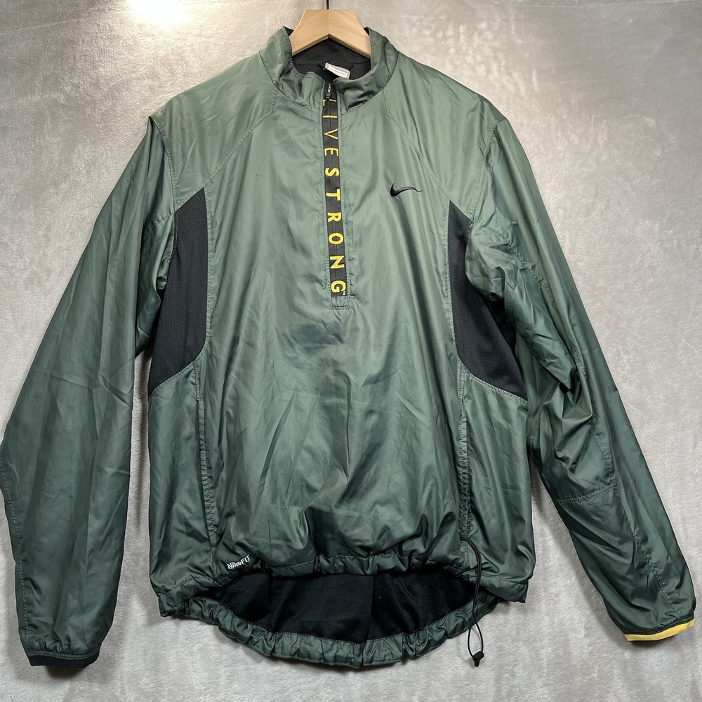 Nike Livestrong Cycling Windbreaker Jacket Mens M Green 1/4 Zip Fit Dry VTG